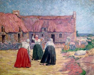 Escena de trilla o patio de granja en Benarven